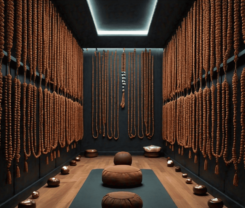 A visual representation of a sacred space adorned with Rudraksha beads, promoting a harmonious environment